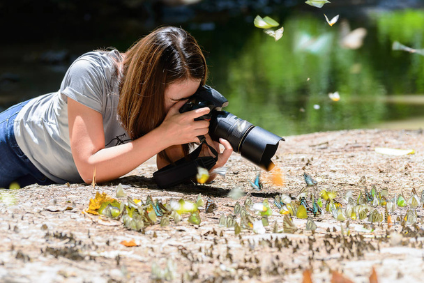 fotografów Kobiety Robienie zdjęć motyl - Zdjęcie, obraz