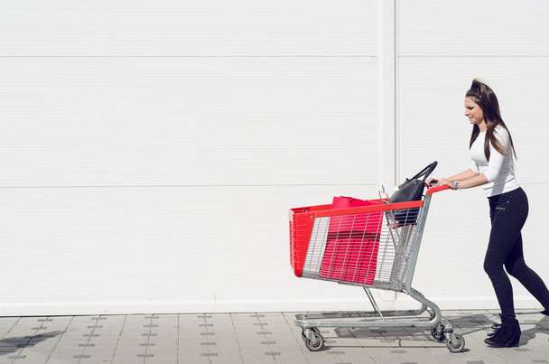 woman posing with shopping trolley - Foto, Imagem