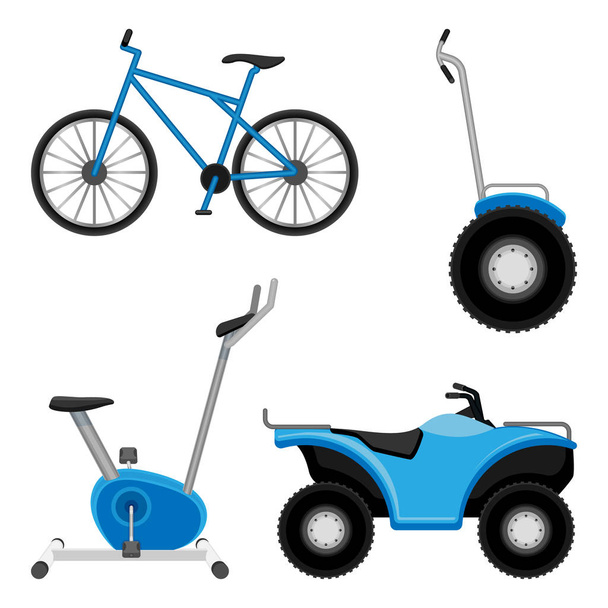 Hometrainer en fiets, all - terrain voertuig, twee wielen segway geïsoleerd - Vector, afbeelding