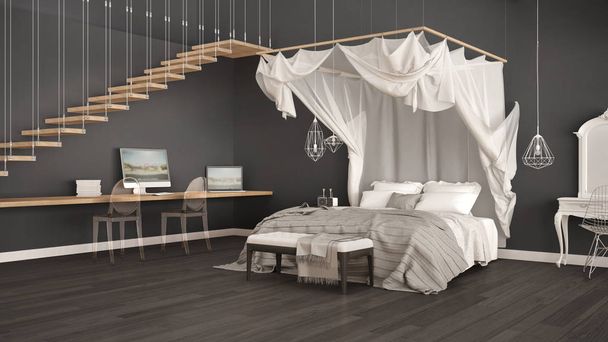 Katos sänky minimalistinen harmaa makuuhuone koti työpaikka, sca
 - Valokuva, kuva