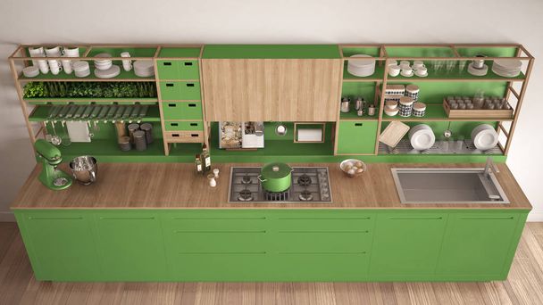Минималистская зеленая деревянная кухня с техникой крупным планом, скандал
 - Фото, изображение