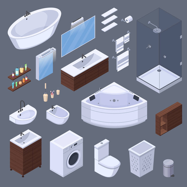 Kylpyhuoneen elementit Isometrinen kokoelma
 - Vektori, kuva