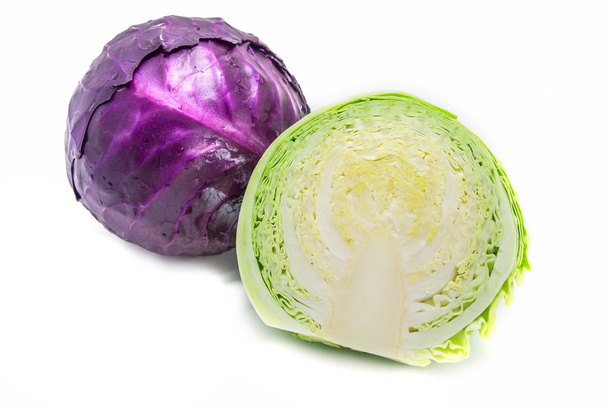Green and Purple cabbage with white background. - Photo, Image