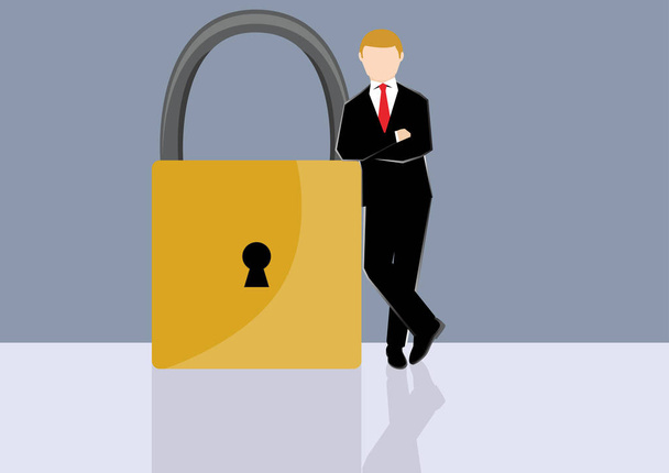 Простая иллюстрация бизнес-карикатуры бизнесмен, стоящий в стороне от замка безопасности как символ доверия, безопасности и безопасности
 - Вектор,изображение