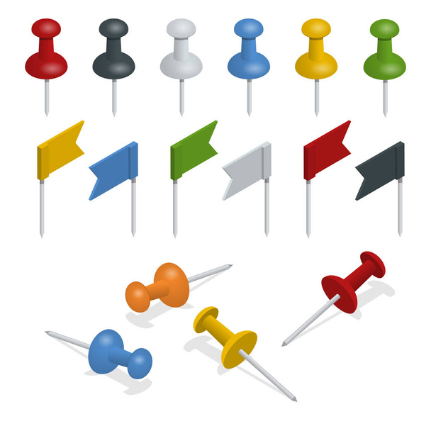 Isometric Set of push pins and flags in different colors on the white background. Thumbtacks - Vecteur, image