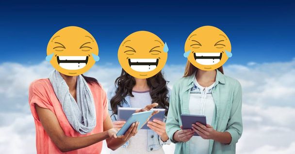 female  friends faces covered with emoji  - Fotoğraf, Görsel