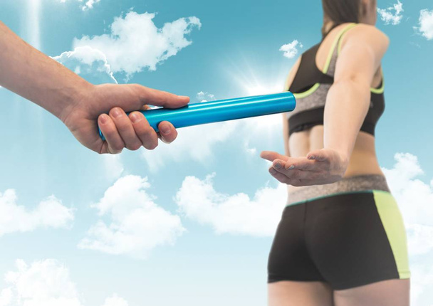 runner and hand with blue baton - Foto, Imagem