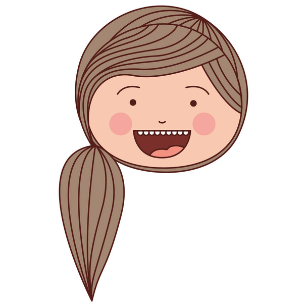 color silhouette smile expression cartoon front face woman with side striped ponytail hair - Vector, Image