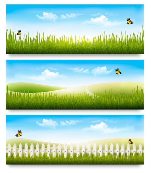 Trzy banery natura lato łąka krajobraz z trawy i Tyłek - Wektor, obraz