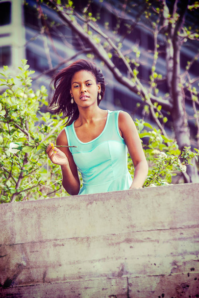Jonge African American vrouw ontbreekt u met witte roos in New  - Foto, afbeelding