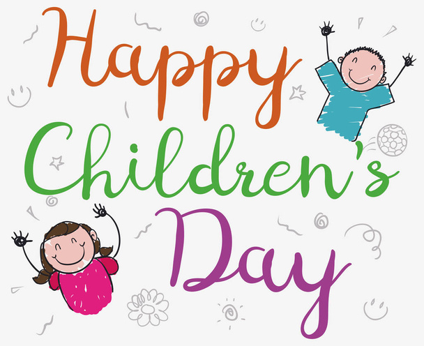 Cute Doodles of a Pair of Children Celebrating Their Day, Vector Illustration - Vettoriali, immagini