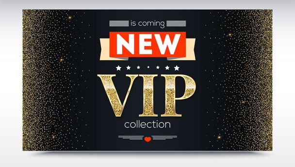 New collection is coming. Luxury, VIP text poster or invitation card. Abstract metallic pattern with golden, shiny, glitter dust. Horizontal picture frame. Template for advertisement, banner, cover - Vector, Imagen