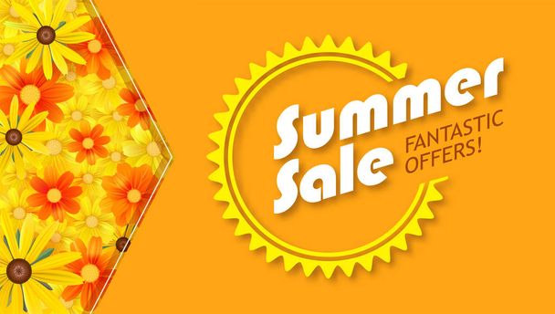 Summer sale, selling banner. hot orange backdrop and field of daisies, yellow flower. Template, mock-up online shopping, advertising, magazines - Vector, imagen