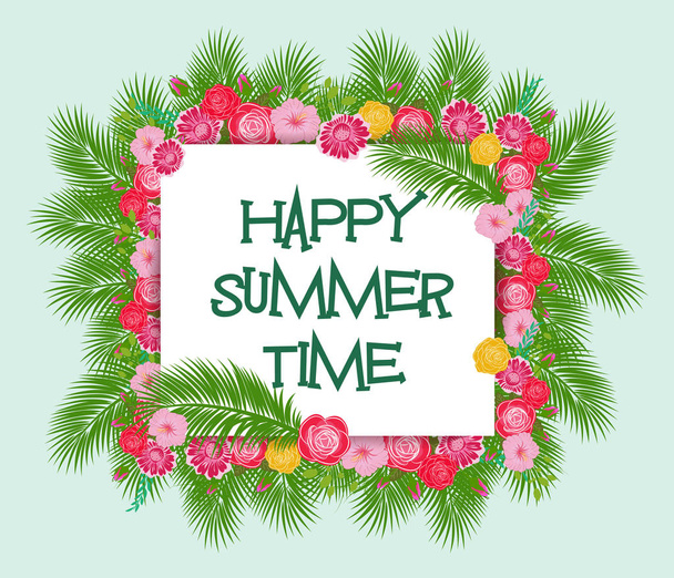Summer Time Typographical Background With Tropical Plants And Flowers - ベクター画像