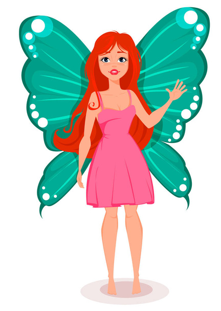 Fairy with butterfly wings. Beautiful redhead cartoon character. Stock vector - Vector, Image