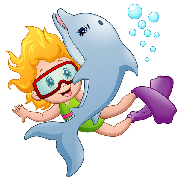 Chica feliz snorkel con un delfín
 - Vector, imagen