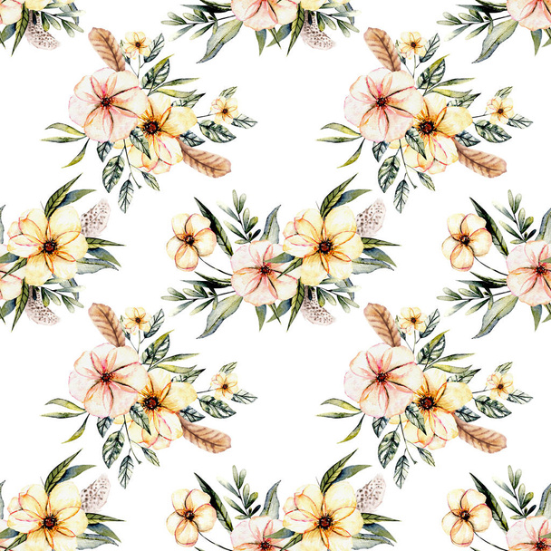 Seamless floral pattern with watercolor pink flowers bouquets with feathers - Photo, image