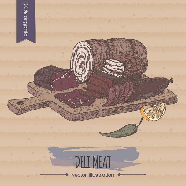 Plantilla de plato de carnes delicatessen vintage de color colocada sobre fondo de cartón
. - Vector, imagen