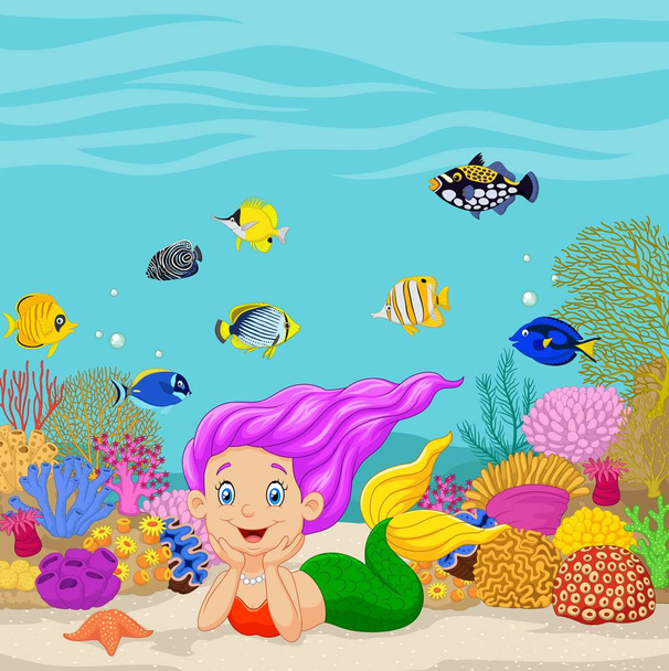 Sereia dos desenhos animados no fundo subaquático
 - Vetor, Imagem