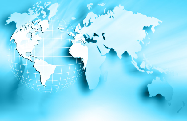 Mapa del mundo sobre un fondo tecnológico, líneas luminosas símbolos de Internet, radio, televisión, comunicaciones móviles y por satélite
. - Foto, Imagen