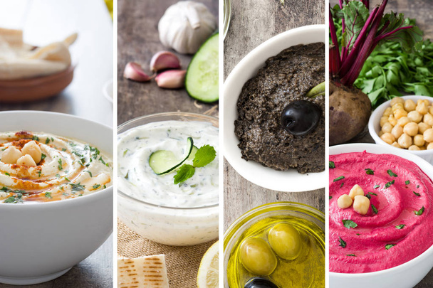Collage of hummus, tzatziki and tapenade - Photo, Image