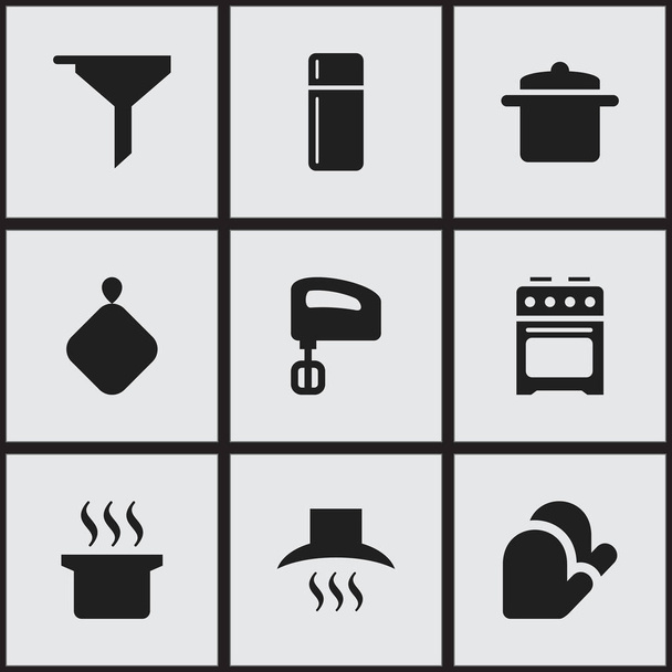 Набір з 9 для редагування їжі іконок. Включає в себе символи, такі як посуд, агітатор, Кухонна Витяжка та багато іншого. Може використовуватися для веб, мобільні, призначеного для користувача інтерфейсу і інфографіки дизайн. - Вектор, зображення