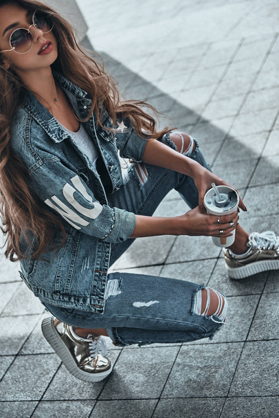 stylish woman in jeans  - Фото, изображение