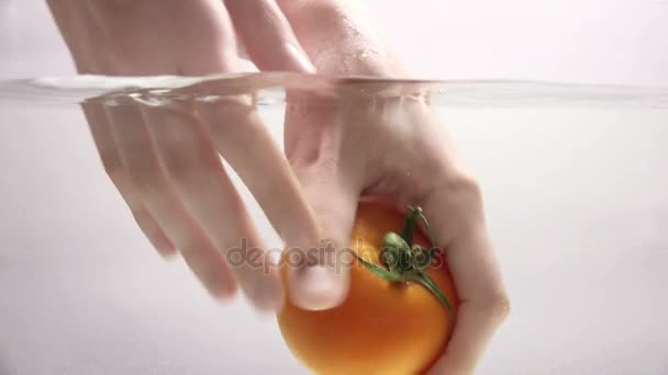 Female Hands Washing Red Tomato - Materiał filmowy, wideo