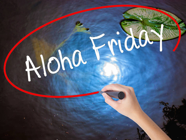 Vrouw Hand schrijven Aloha vrijdag met de markeerdraad over transparante boa - Foto, afbeelding