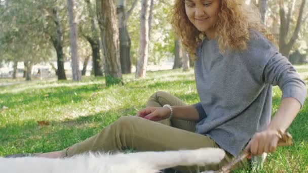 mujer jugar con perro en parque
 - Metraje, vídeo