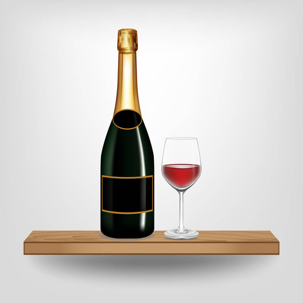 Pullo vihreää viiniä ja lasia puuhyllyllä
 - Vektori, kuva