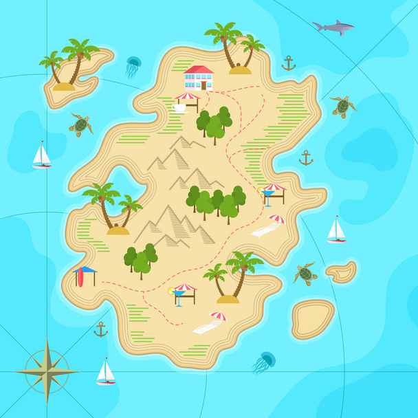 Cartoon tropical island in ocean. Top view exotic island map. Vector game design for app. - Vecteur, image