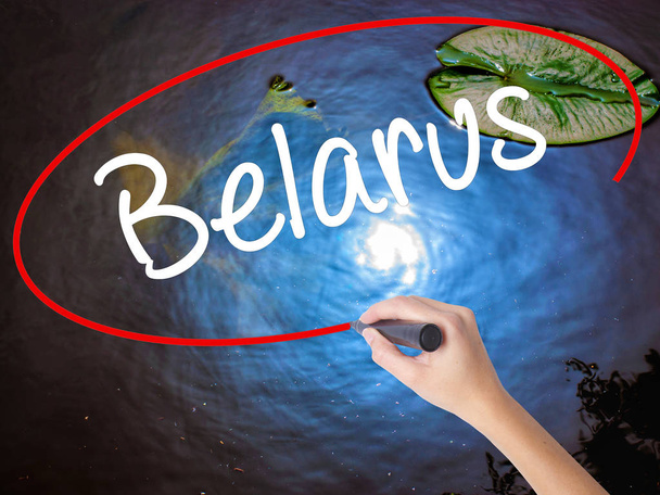 Woman Hand Writing Belarus  with marker over transparent board. - Photo, Image