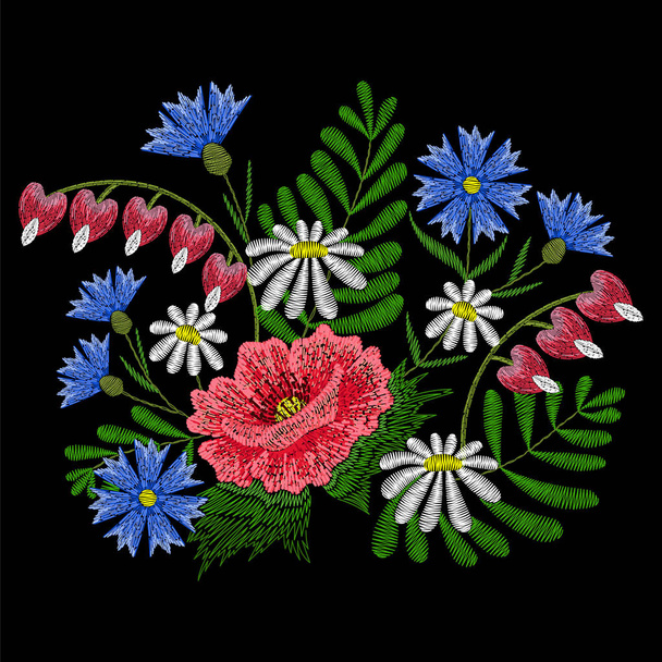 Embroidery stitches with chamomile, red poppy, Broken Heart flow - Vector, Image