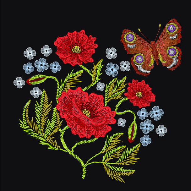 Bordado puntadas con flores silvestres de amapola roja, no me olvides
,  - Vector, imagen