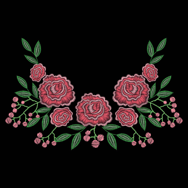 Embroidery stitches with rose flowers, berries for neckline. Vec - Vector, Image