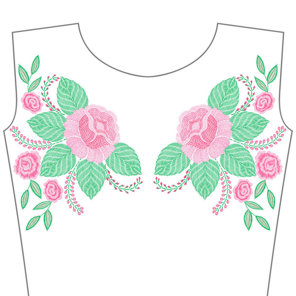 Embroidery stitches with spring flowers, roses in pastel color f - Vector, Image