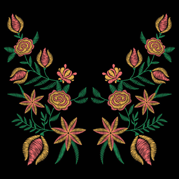 Bordado pontos com flores da primavera, flores silvestres, rosas para
  - Vetor, Imagem