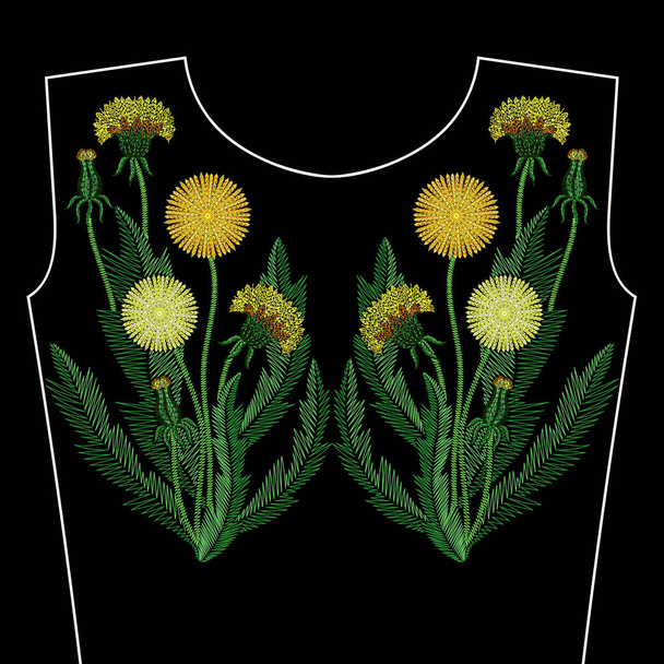 Embroidery stitches with wildflowers, fashion Dandelion flower p - Vector, Image
