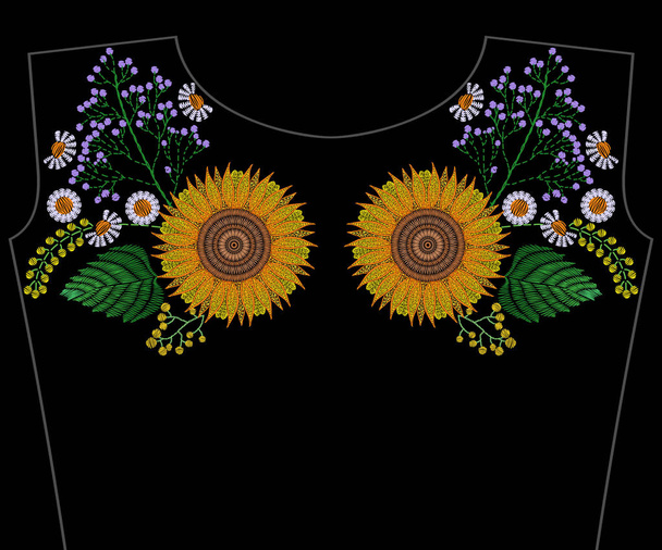 Embroidery sunflower with wildflowers, chamomile for neckline te - Vector, Image
