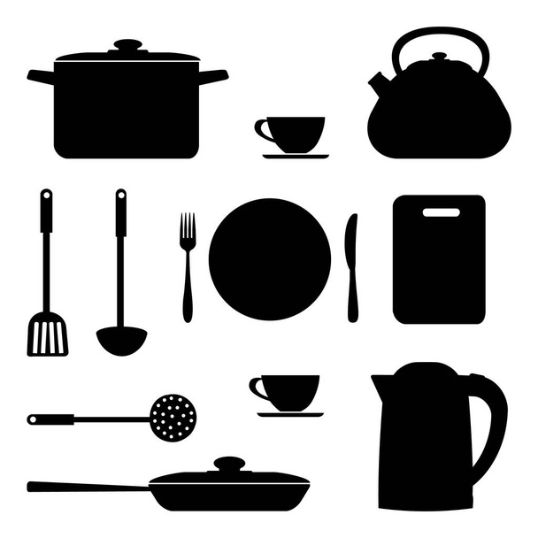 Μαύρο σχήματα μαγειρικά σκεύη και εργαλεία που απομονώνονται σε λευκό φόντο - Διάνυσμα, εικόνα