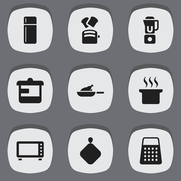 Készlet 9 szerkeszthető élelmiszer-ikonok. Magában foglalja a szimbólumok, mint a leves Pot, iratmegsemmisítő, sütő és így tovább. Lehet használni a Web, mobil, Ui és Infographic Design. - Vektor, kép