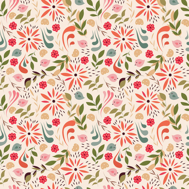 Seamless pattern design with little flowers, floral elements, birds - Vector, Image