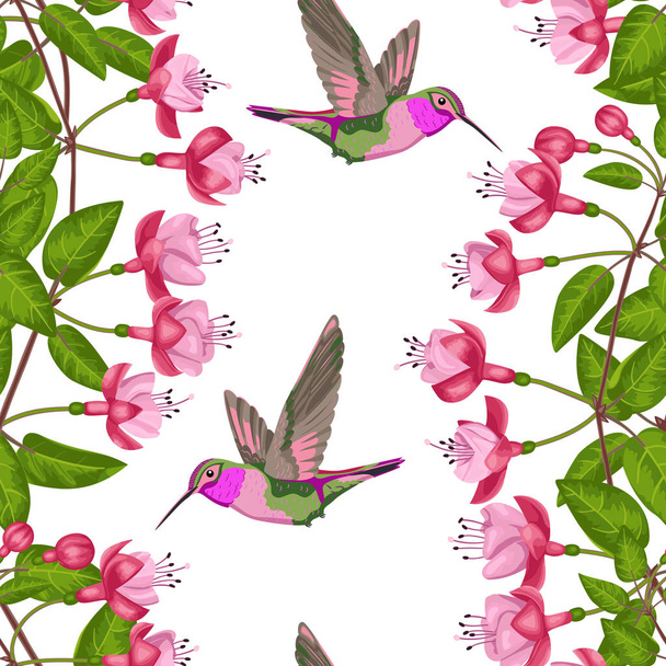 Fuchsia and Hummingbird Seamless Pattern - Vector, Image