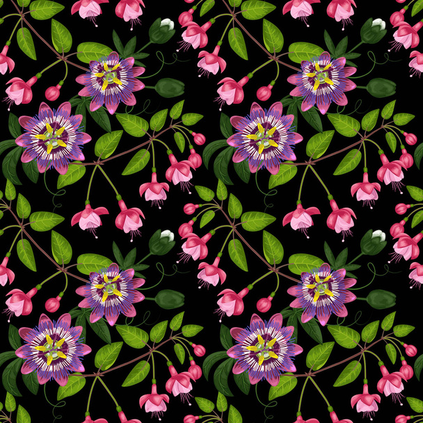 Fuchsia and Passiflora Seamless Pattern - Вектор,изображение