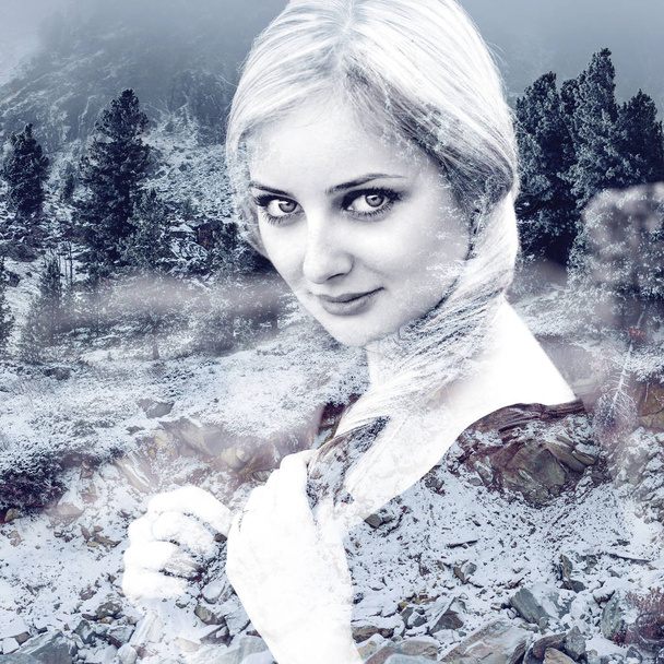 Dupla expozíció a szép arc, a nő és a természet hó erdő a tajga, Szibéria - Fotó, kép