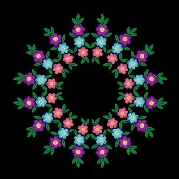 Embroidery stitches imitation round frame with colorful flower a - Διάνυσμα, εικόνα