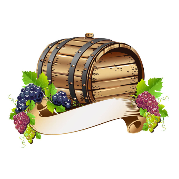 Wine barrel with bunches of grapes - Διάνυσμα, εικόνα