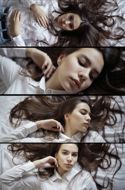 teenage girl with long hair in bed - 写真・画像