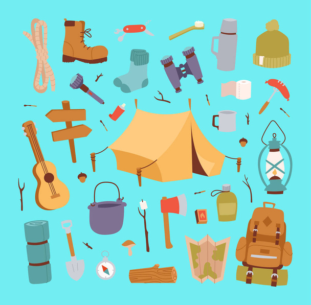 Camping stickers in hand drawn style vector. - Вектор, зображення